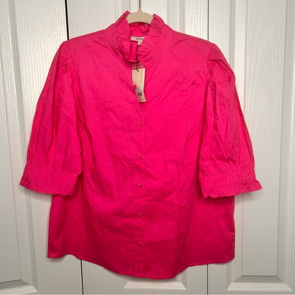 Avara Women’s Hot Pink Ruffle Bubble Sleeve Button Down Blouse Size L NWT - Picture 3 of 8